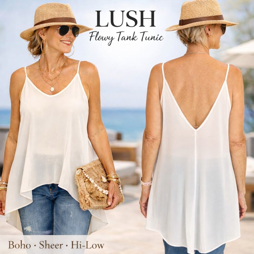 Lush Sheer Flowy Hi-Low Tank Tunic Cream Boho Layering Top, Medium